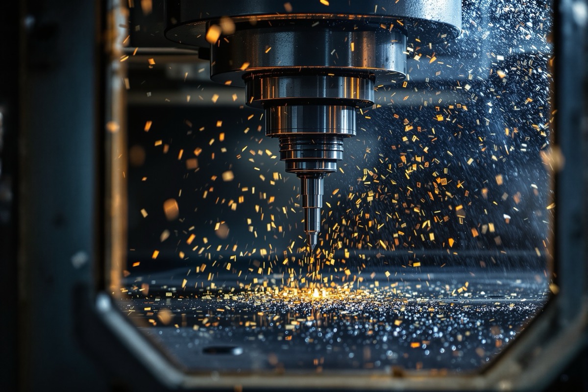 A carbide end mill cutting steel inside a machining centre, hot chips flying through coolant mist.