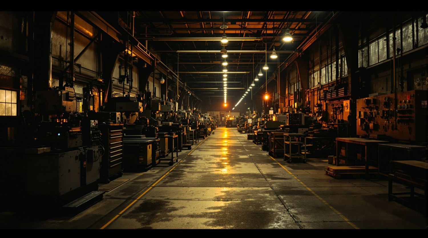 The main aisle of a small machine shop after hours, older machines lined up under warm work lamps, one still running at the far end.